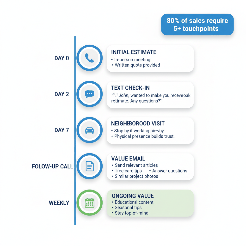 Tree service follow-up sequence timeline showing 6-step value-based customer nurturing process from estimate to closing