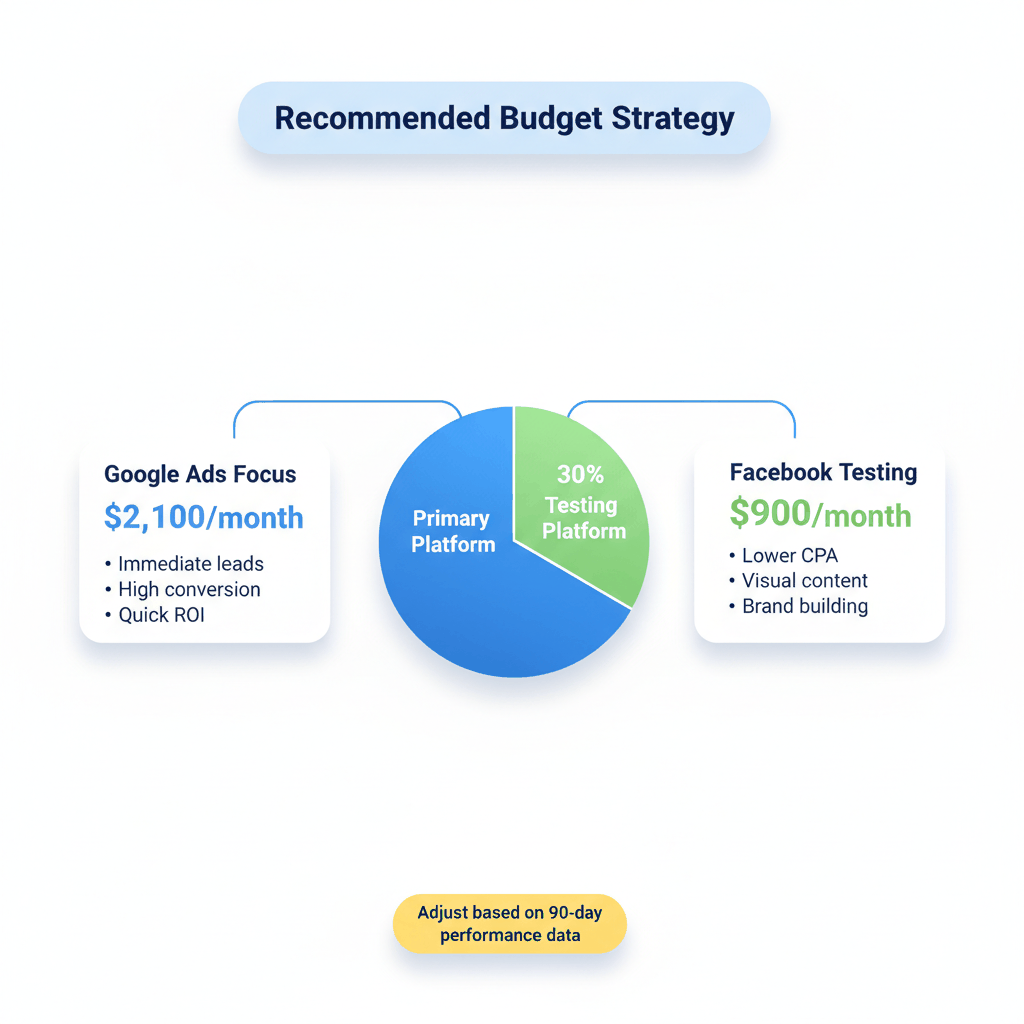 Budget allocation strategy showing 70/30 split between Google Ads and Facebook Ads for painting contractors