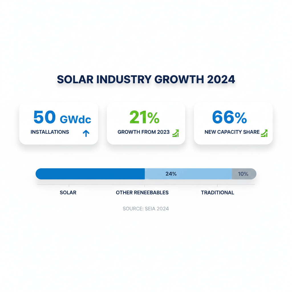 Solar industry growth statistics dashboard showing 50 GWdc installations, 21% growth rate, and 66% new capacity share for 2024