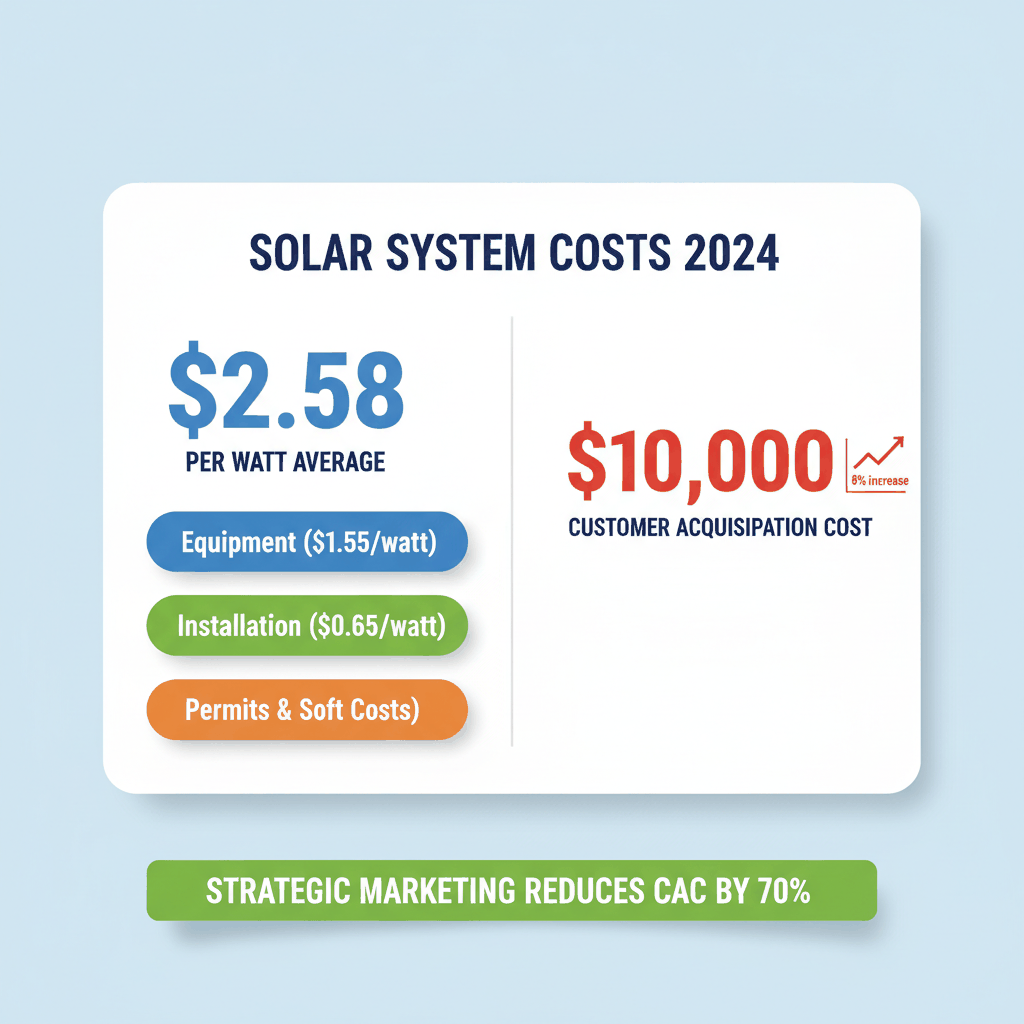 Solar system cost breakdown showing $2.58 per watt average with equipment, installation, and soft costs, plus customer acquisition challenges