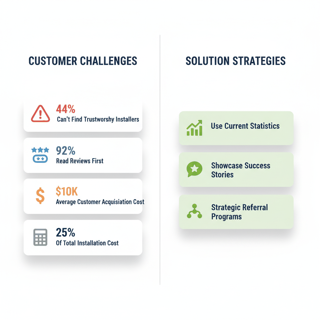 Customer trust challenges showing 44% struggle to find trustworthy installers, 92% read reviews, and high acquisition costs with solution strategies