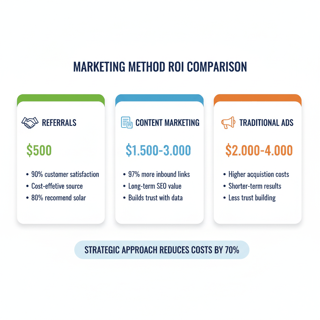 Marketing ROI comparison showing referrals at $500, content marketing at $1,500-3,000, and traditional ads at $2,000-4,000 per customer