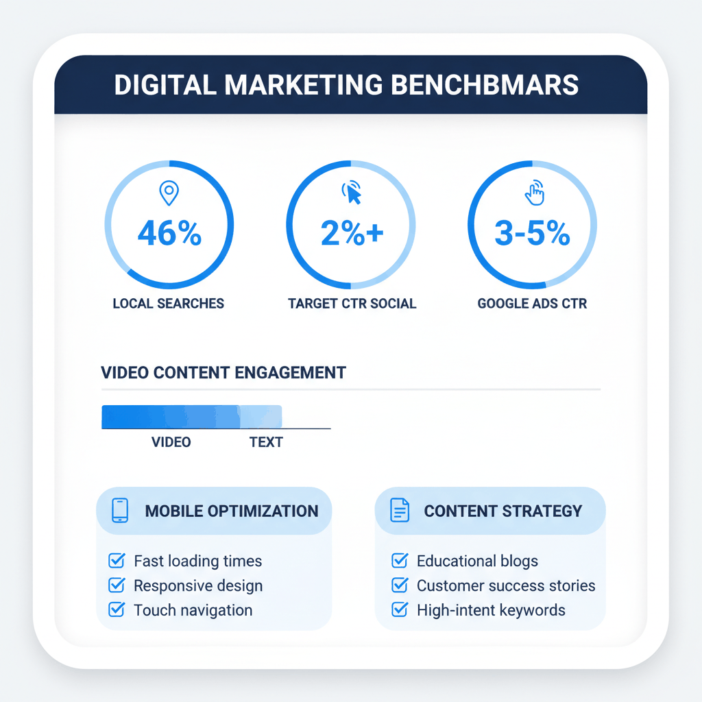 Digital marketing performance benchmarks showing 46% local searches, target CTR rates, and mobile optimization requirements for solar installers