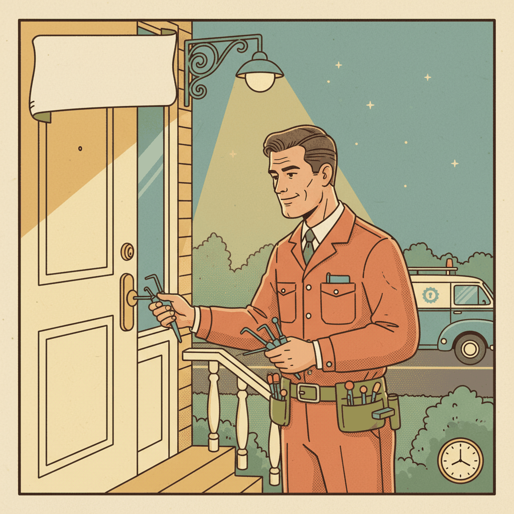 Vintage poster-style illustration of professional locksmith providing emergency door lock service at night - locksmith reviews strategy