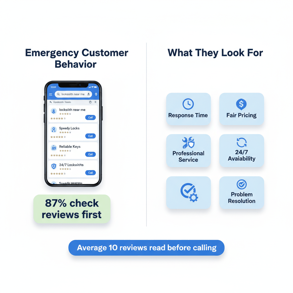 Emergency customer mobile search behavior showing 87% check locksmith reviews first and specific service criteria they evaluate