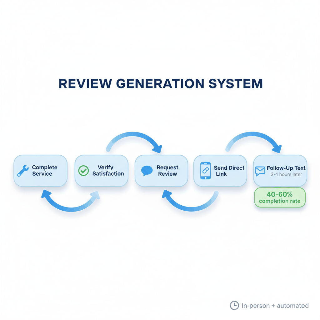 5-step locksmith review generation process workflow showing systematic approach from service completion to automated follow-up