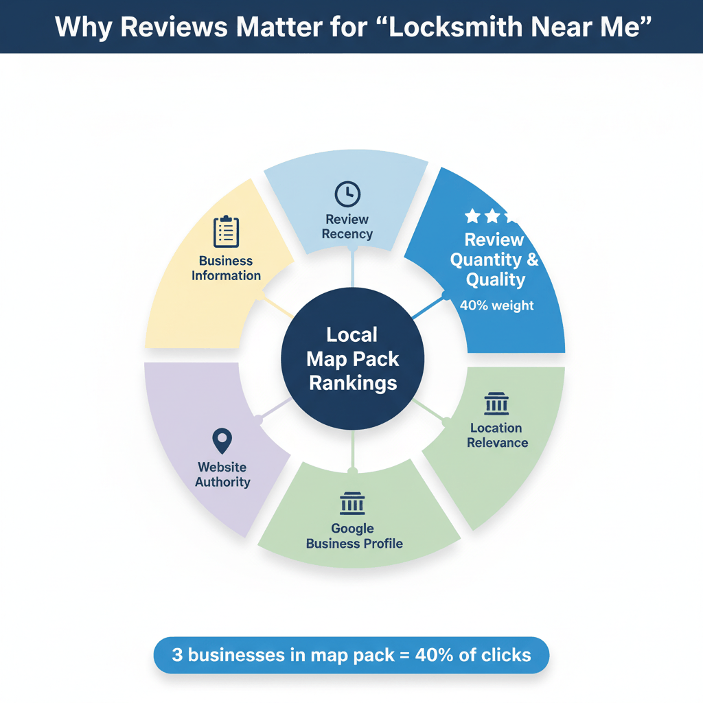 Local search ranking factors diagram showing reviews account for 40% of locksmith map pack visibility for 'locksmith near me' searches