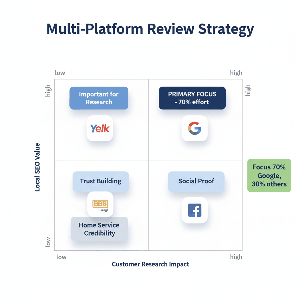 Review platform priority matrix showing Google Business Profile as primary focus for locksmith SEO with supporting platforms for comprehensive reputation