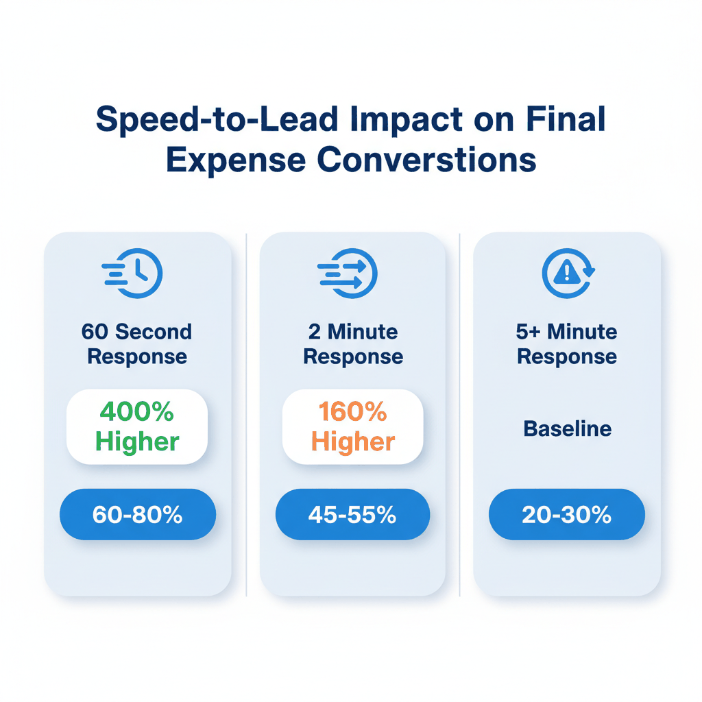 Speed-to-lead performance comparison showing 400% higher conversions with 60-second response times for final expense leads