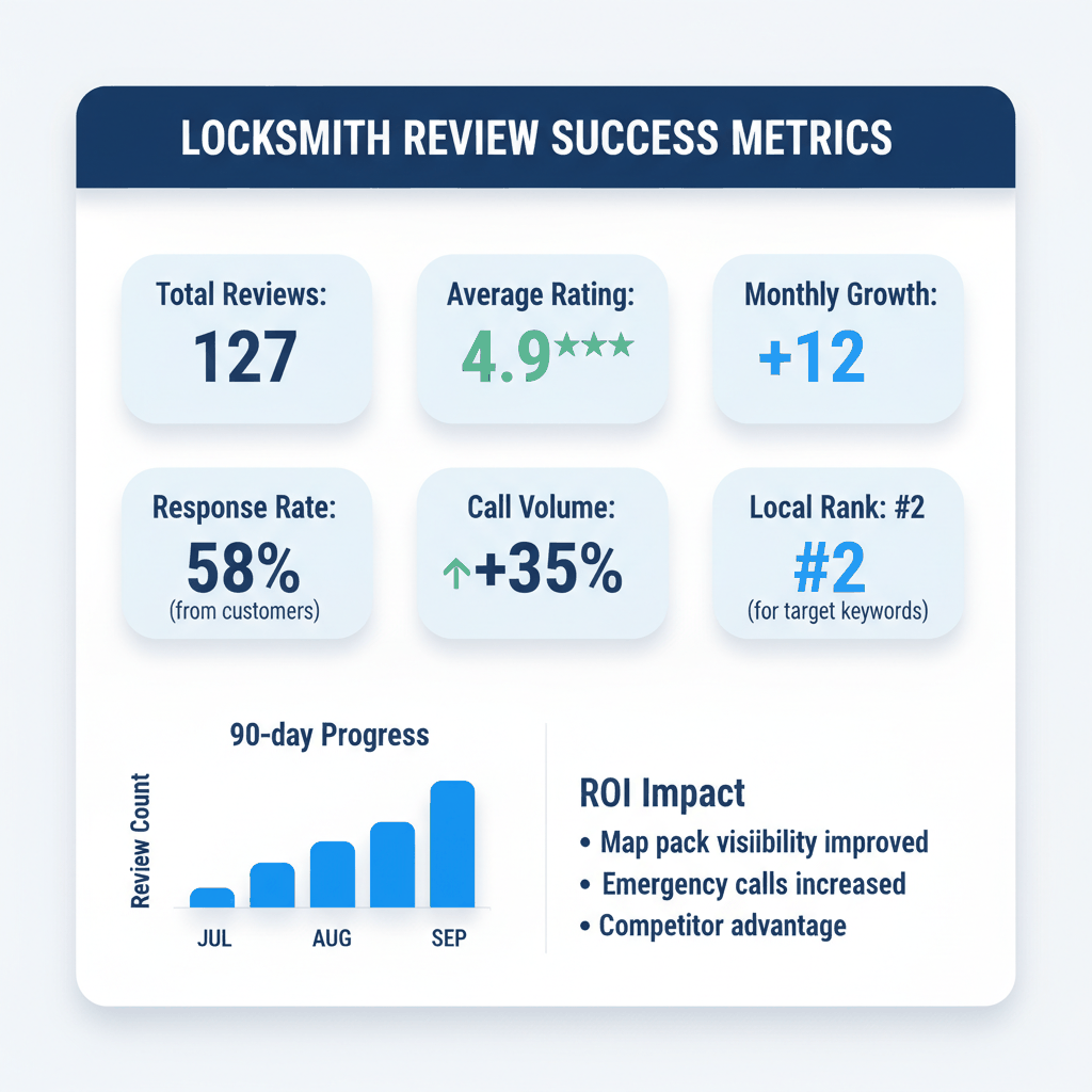 Locksmith review metrics dashboard showing 127 total reviews, 4.9-star average, 58% response rate, and 35% call volume increase