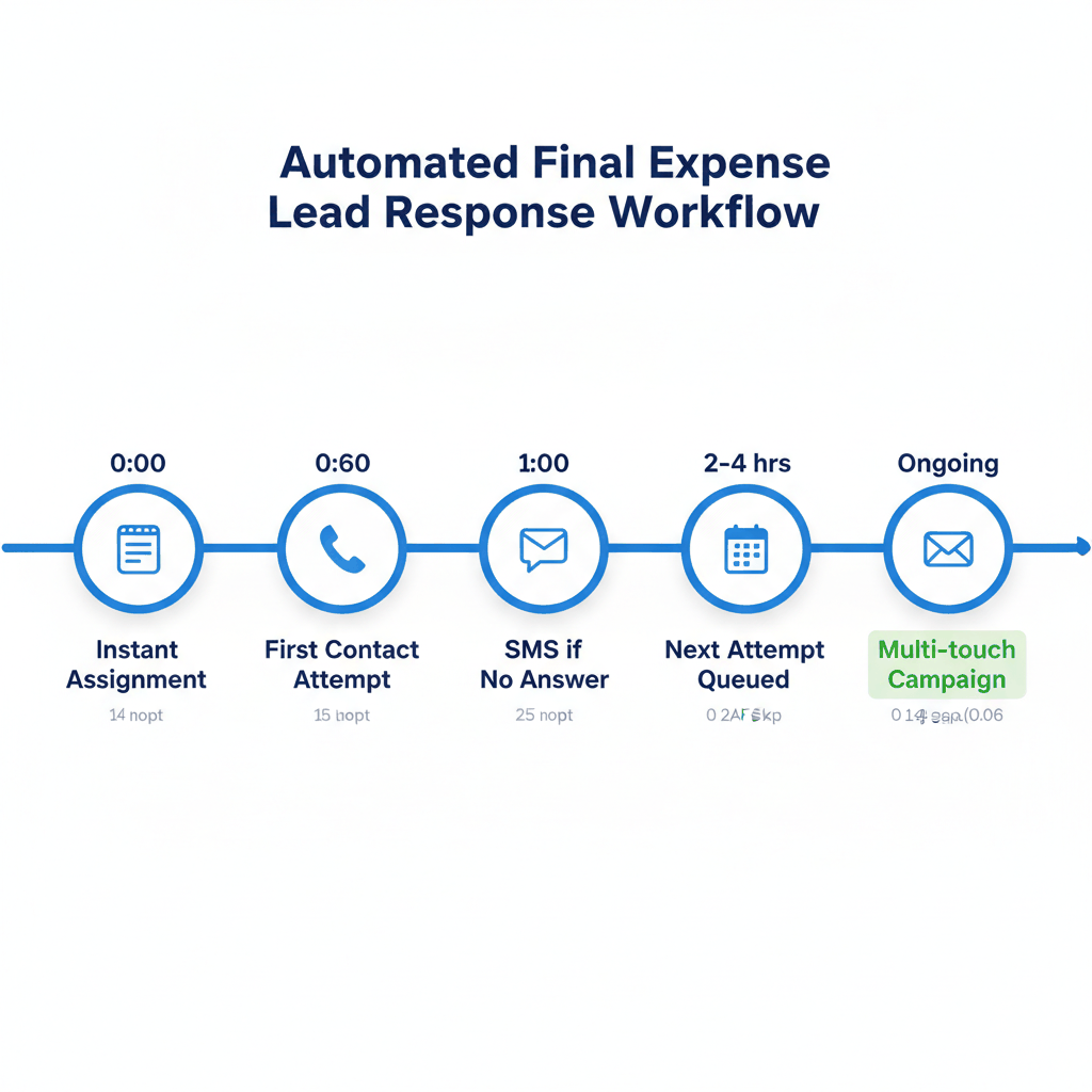 Final expense CRM automation workflow timeline showing immediate response sequence from lead inquiry to nurture campaigns