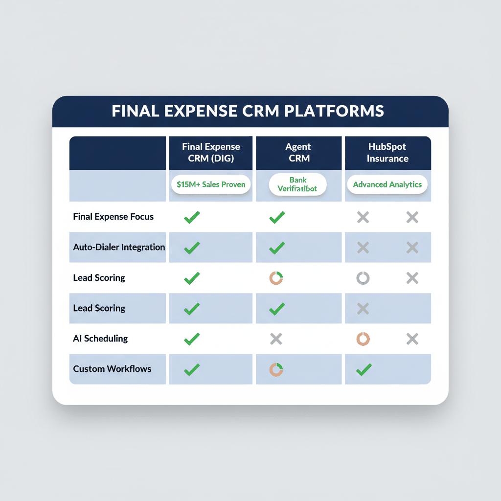 Final expense CRM platform comparison matrix showing features of Final Expense CRM, DigitalBGA, Agent CRM, and HubSpot