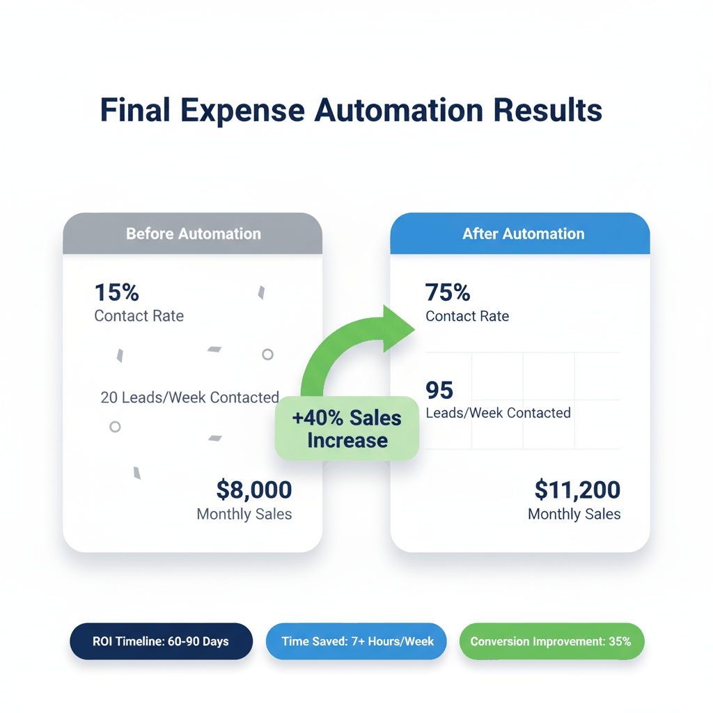Final expense CRM automation ROI dashboard showing 40% sales increase and 75% contact rate improvements
