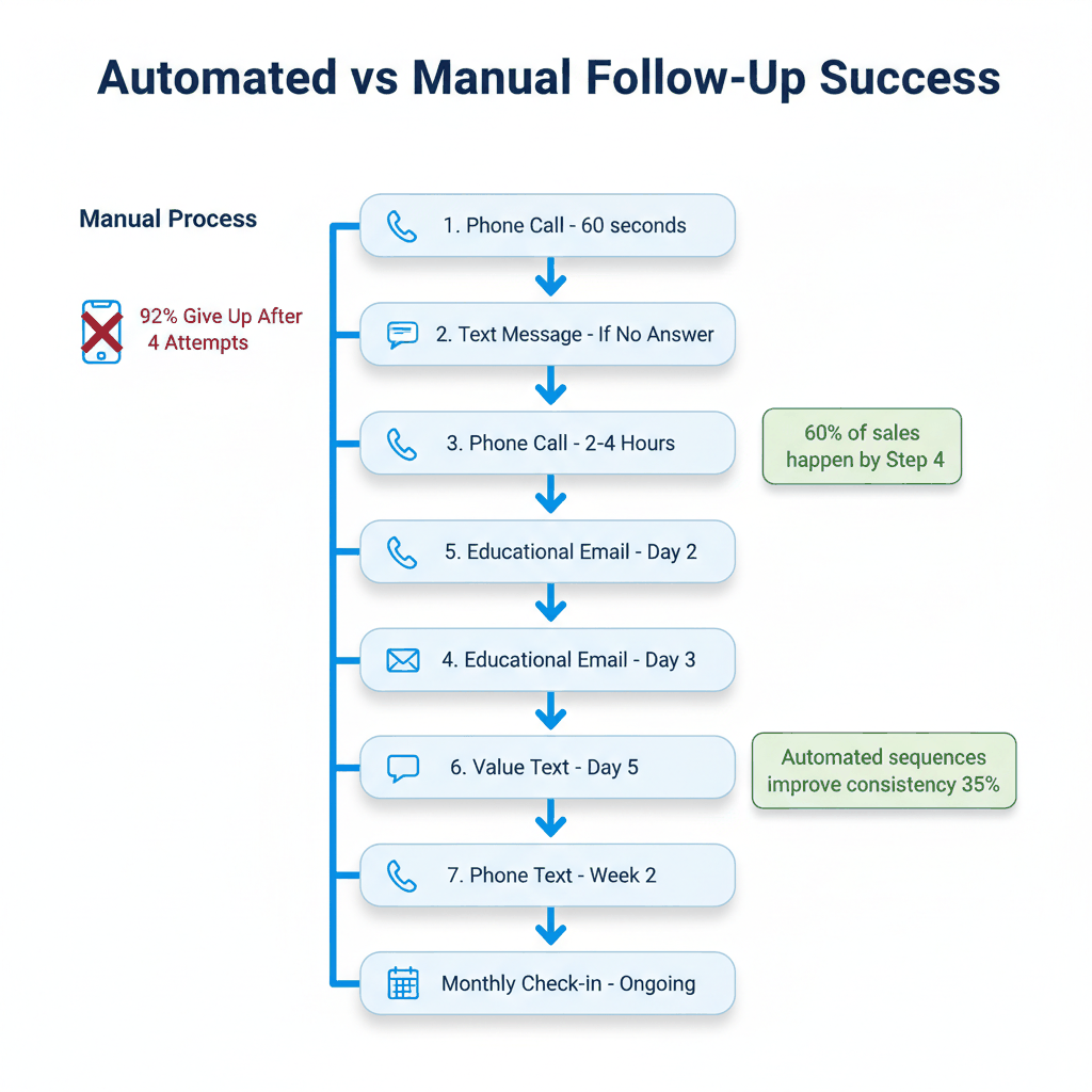 Multi-channel automated follow-up sequence for final expense leads showing 8-step process vs manual limitations