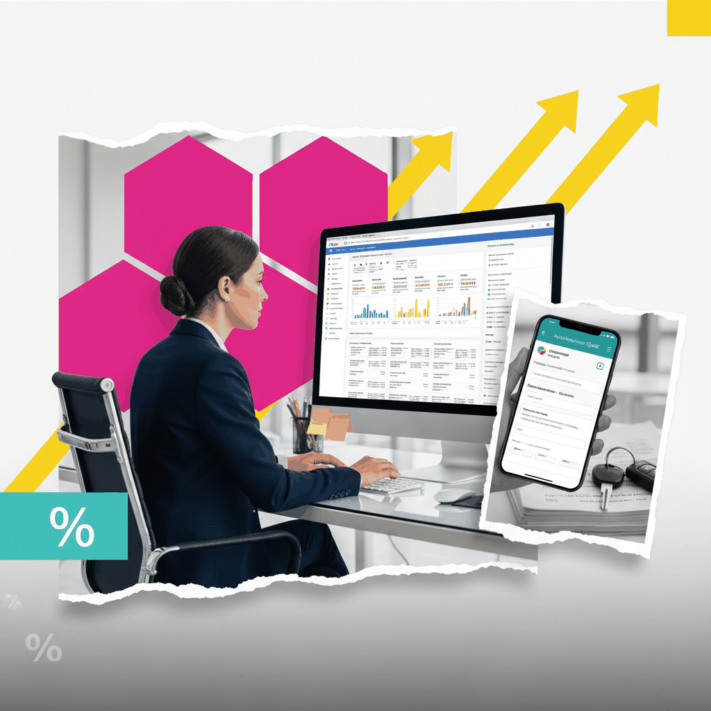 Insurance professional analyzing Google Ads targeting data through mixed media collage - auto insurance PPC campaign optimization