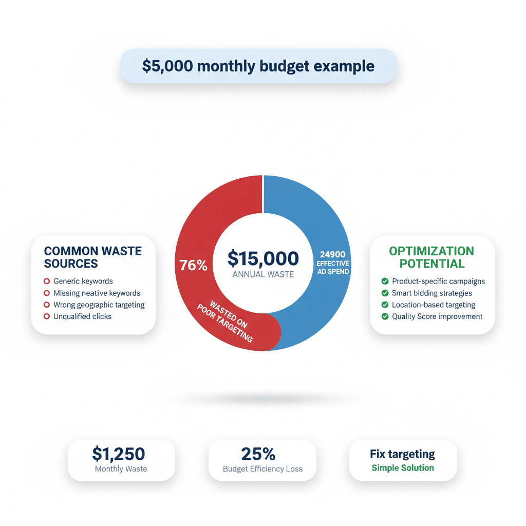 Auto insurance Google Ads budget breakdown showing 76% waste from poor targeting strategies - $15,000 annual loss visualization