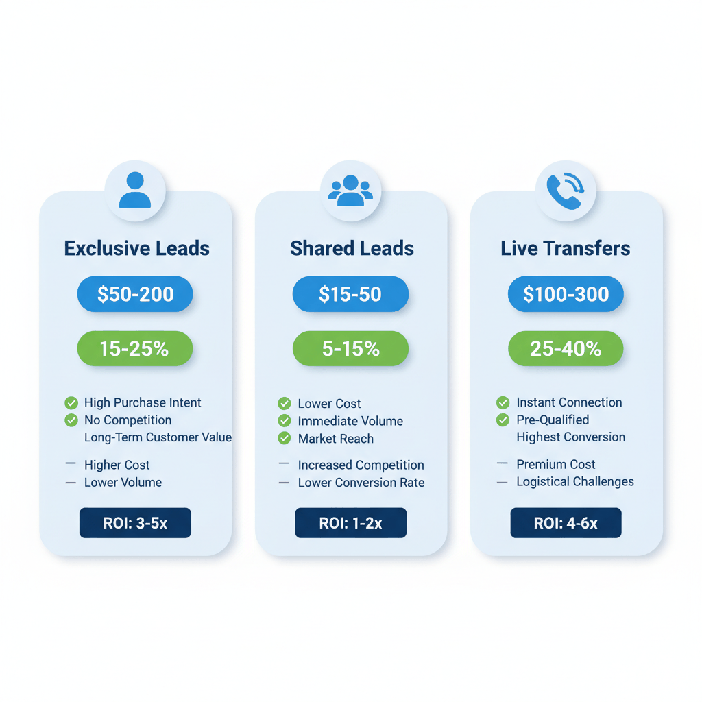 Medicare lead source comparison showing exclusive leads, shared leads, and live transfers with costs and conversion rates