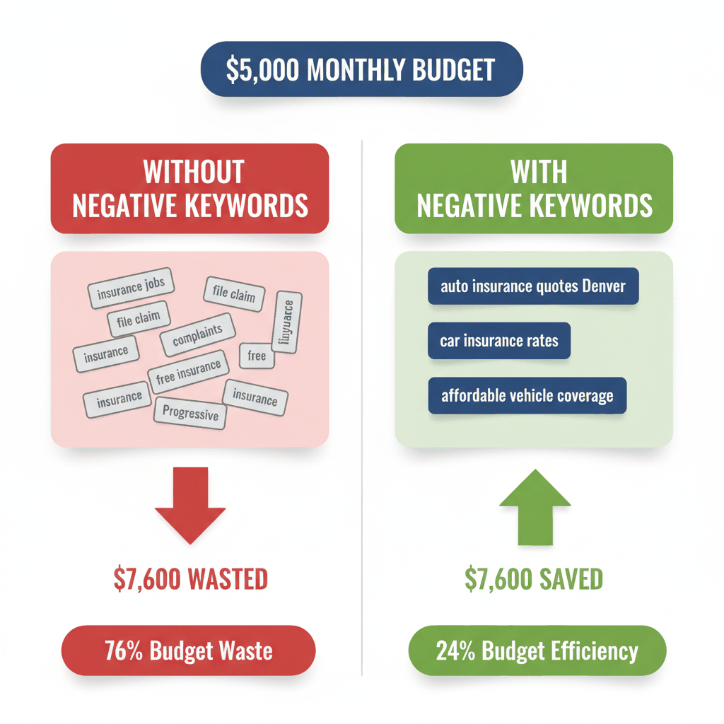 Before and after comparison showing negative keywords blocking wasteful auto insurance ad clicks - 76% budget improvement strategy
