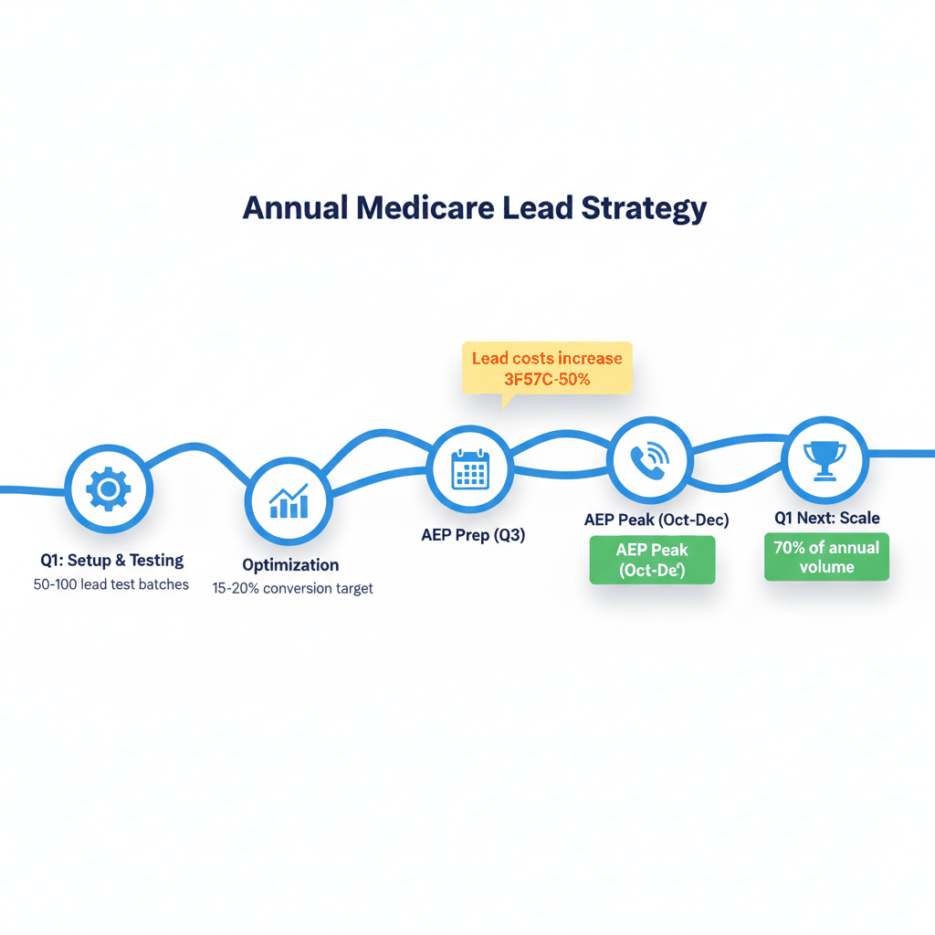 Medicare lead generation annual timeline showing seasonal patterns, AEP preparation, and optimization phases