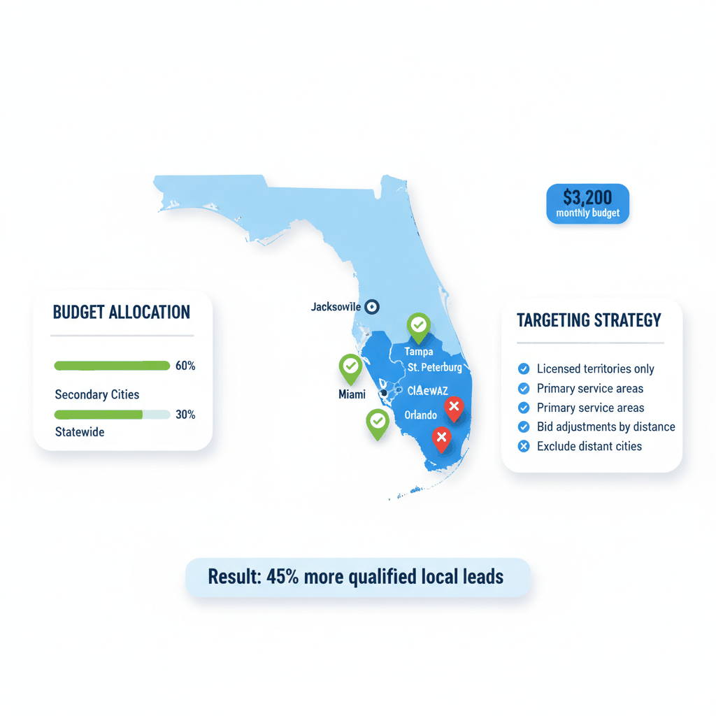 Geographic targeting map for auto insurance Google Ads showing Florida service areas and budget allocation - local lead optimization