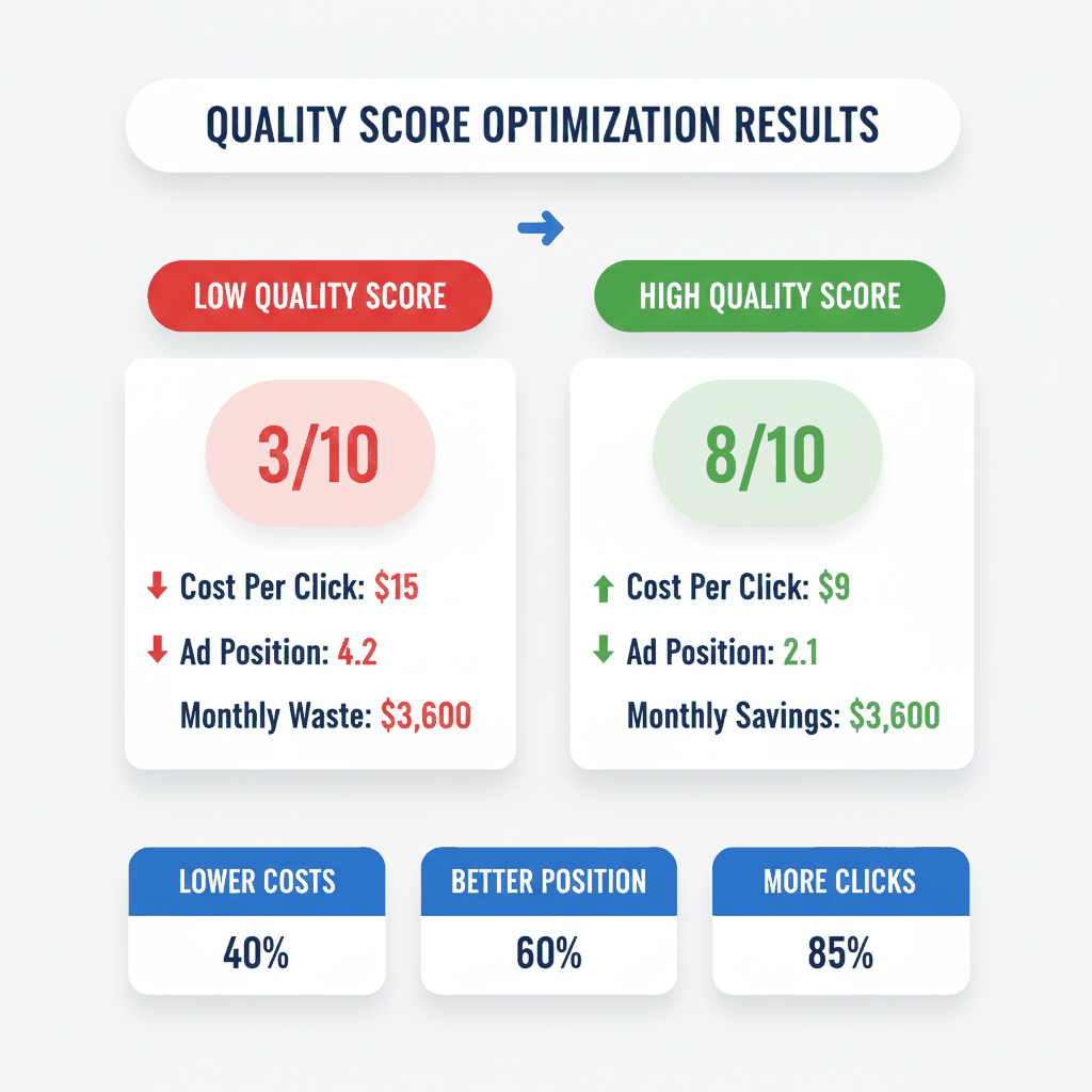 Quality Score optimization comparison for auto insurance Google Ads showing cost reduction from score 3 to 8 - $3,600 monthly savings