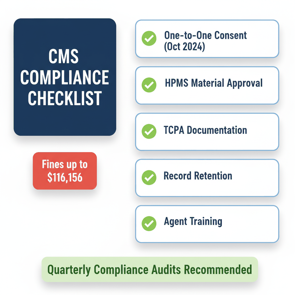 CMS Medicare marketing compliance checklist with requirements and penalty information for insurance agents