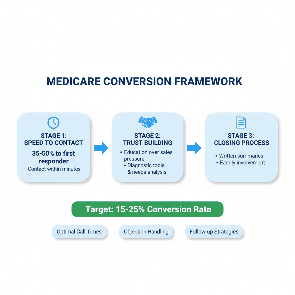 Medicare lead conversion optimization framework showing speed, trust-building, and closing strategies for insurance agents
