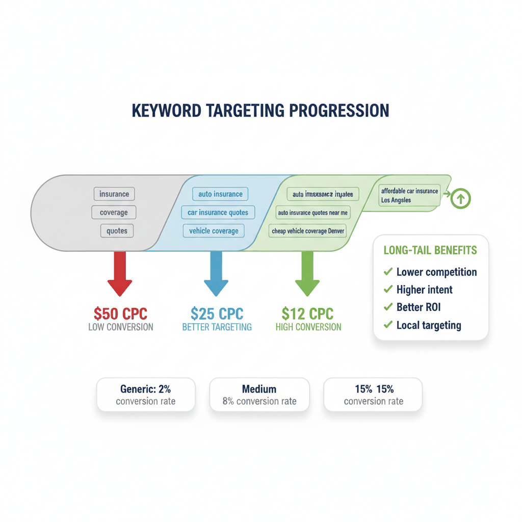 Long-tail keyword targeting funnel for auto insurance Google Ads showing cost reduction from $50 to $12 CPC with higher conversions