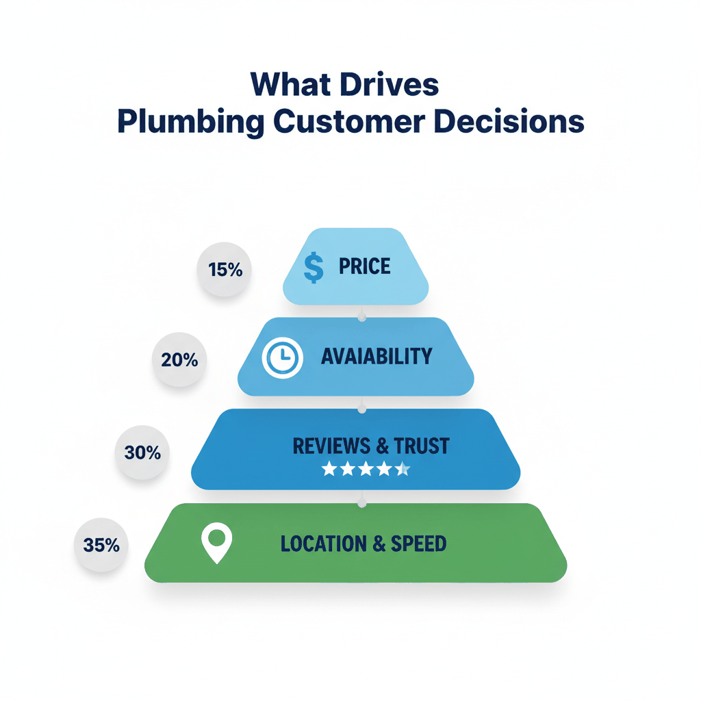Pyramid hierarchy showing plumbing customer decision factors ranked by importance - location, trust, availability, and price - why customers choose plumbers