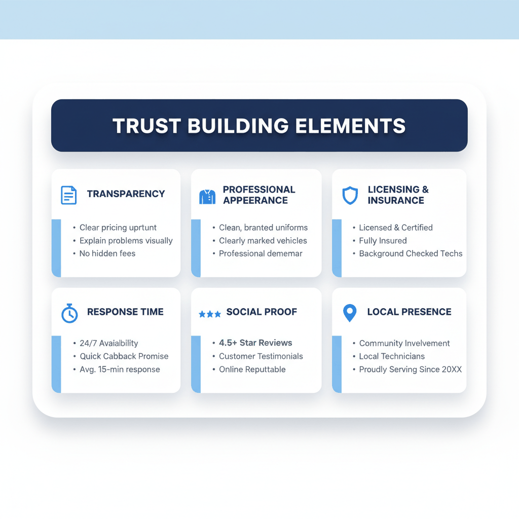 Six-panel dashboard showing key trust building elements for plumbers - transparency, appearance, licensing, response time, social proof, and local presence - plumbing customer trust factors