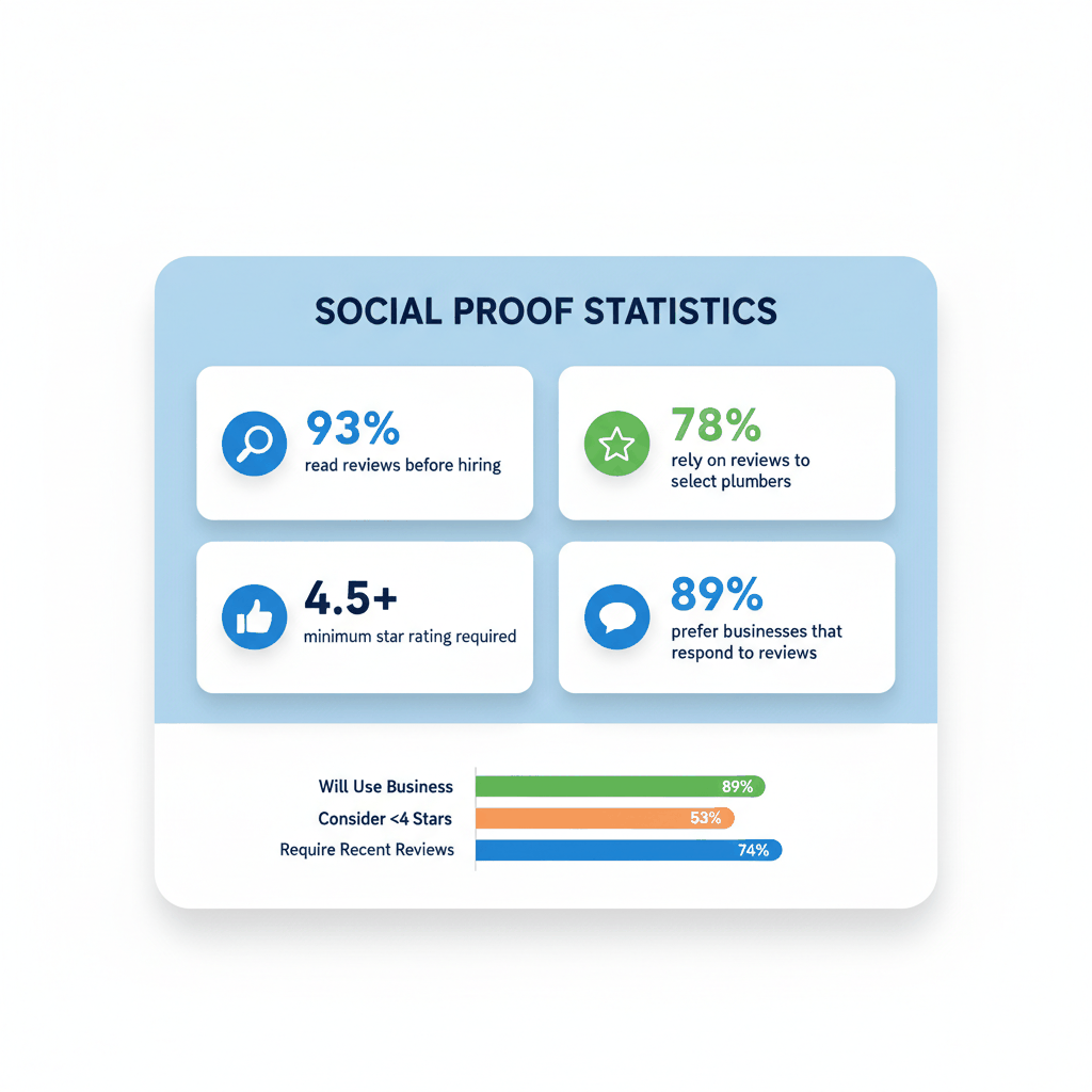 Statistical visualization showing social proof impact on plumbing customer decisions - 93% read reviews, 78% rely on reviews, 4.5+ stars required - plumbing social proof statistics