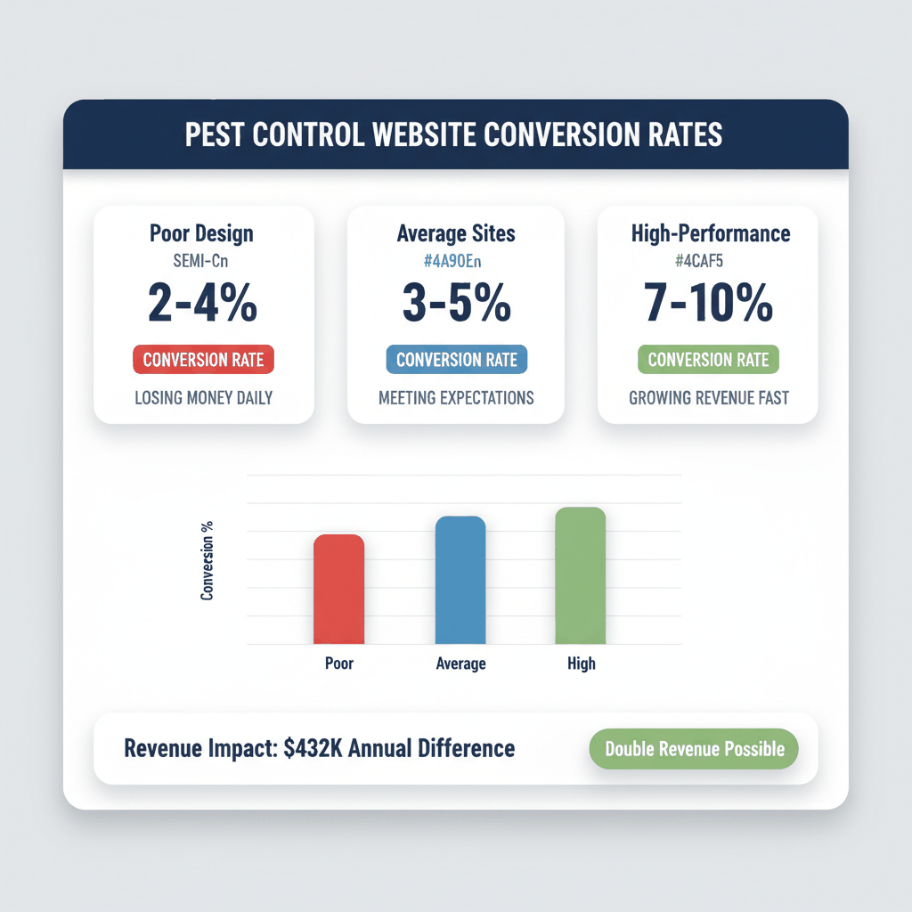 Pest control website conversion rate comparison showing poor design at 2-4%, average sites at 3-5%, and high-performance designs achieving 7-10% conversions with revenue impact analysis