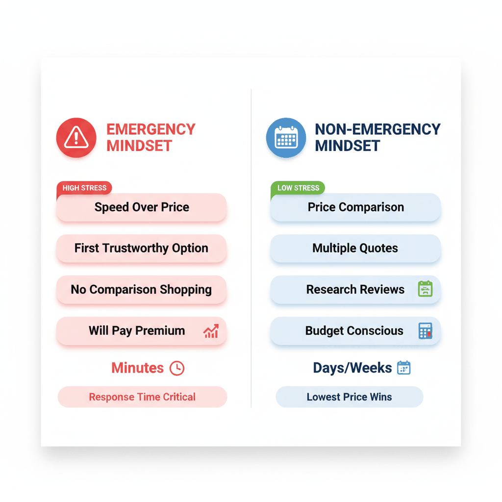 Side-by-side comparison of emergency versus non-emergency plumbing customer psychology - stress levels, decision timeframes, and priority factors - emergency decision psychology