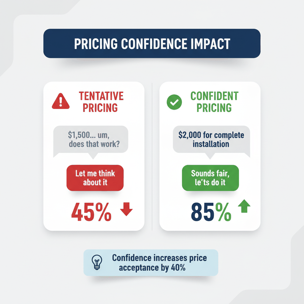 Before and after comparison showing how pricing confidence affects customer acceptance rates - tentative pricing gets 45% acceptance versus confident pricing at 85% - plumbing pricing psychology