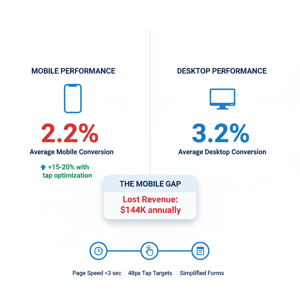 Mobile vs desktop conversion rate comparison for pest control websites showing 2.2% mobile vs 3.2% desktop rates with optimization steps to close the performance gap
