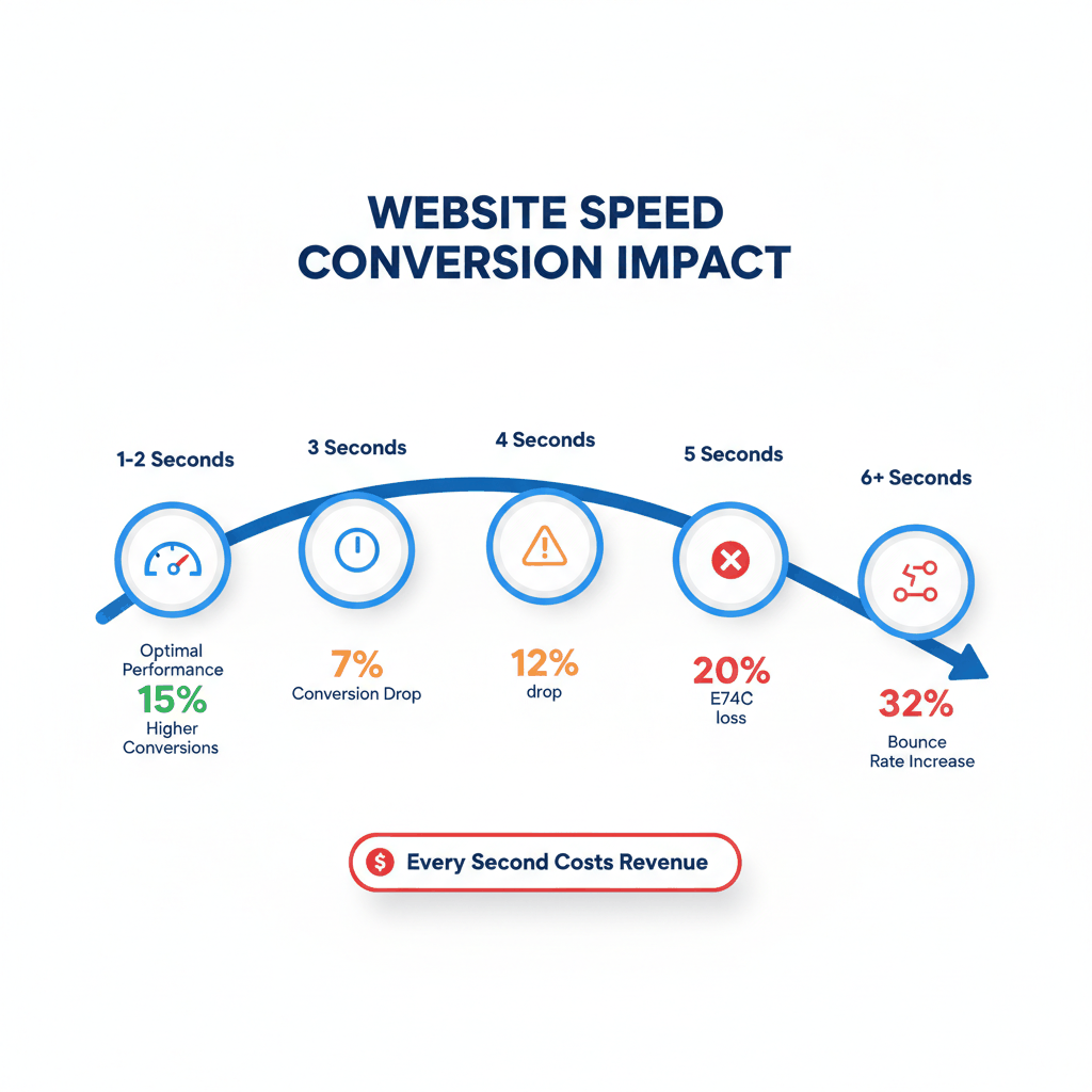 Website speed impact timeline for pest control sites showing conversion drops from 15% higher at 1-2 seconds to 32% bounce rate increase at 6+ seconds loading time