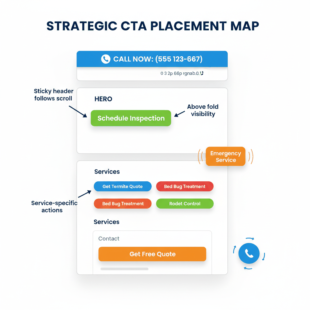 Strategic call-to-action placement map for pest control websites showing optimal button locations, sticky headers, floating CTAs and service-specific action buttons for maximum conversions
