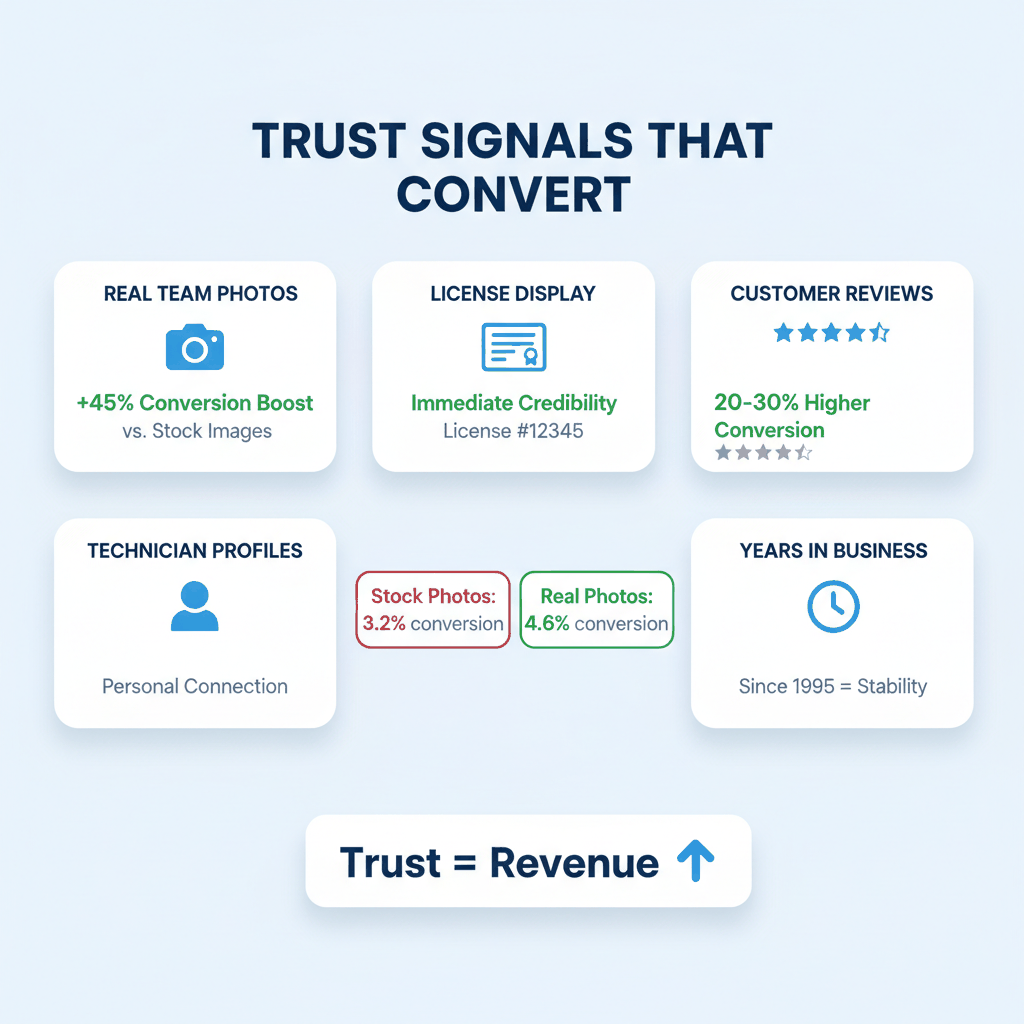 Trust signal optimization guide for pest control websites showing real team photos, license display, customer reviews, and technician profiles that increase conversions by 20-45%