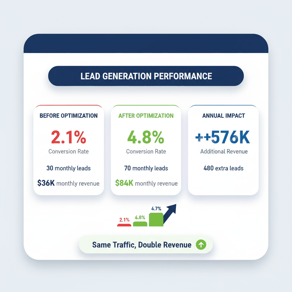 Pest control website optimization results showing conversion improvement from 2.1% to 4.8%, generating additional $576K annual revenue from same website traffic
