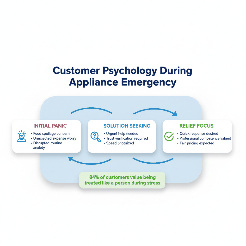 Customer psychology emotional journey during appliance breakdown showing panic, solution-seeking, and relief phases - appliance repair customer psychology