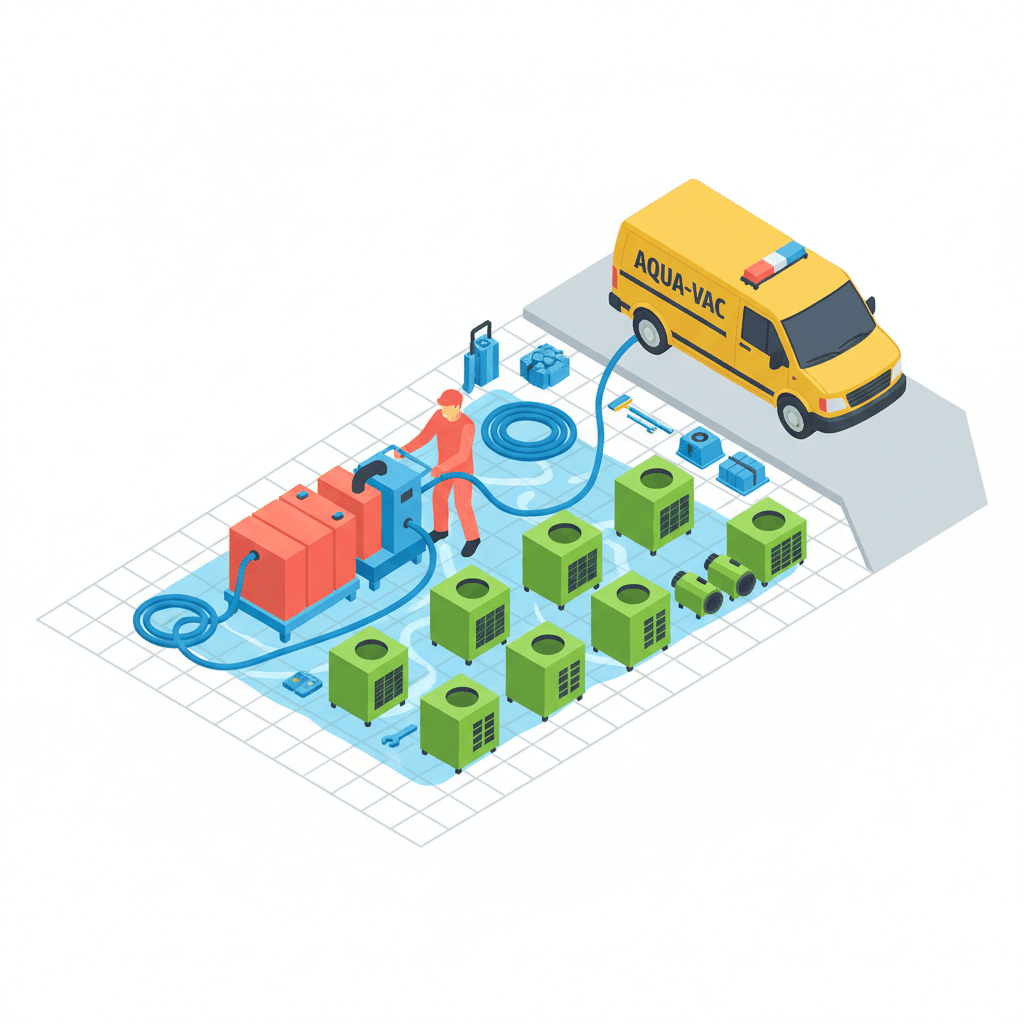 Emergency water damage restoration technician with professional equipment responding to flooded basement - water damage lead generation