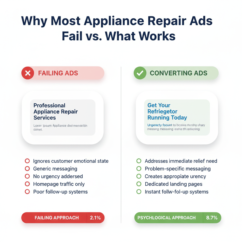Comparison of failing vs successful appliance repair advertising psychology showing conversion rate differences - high-converting appliance repair ads