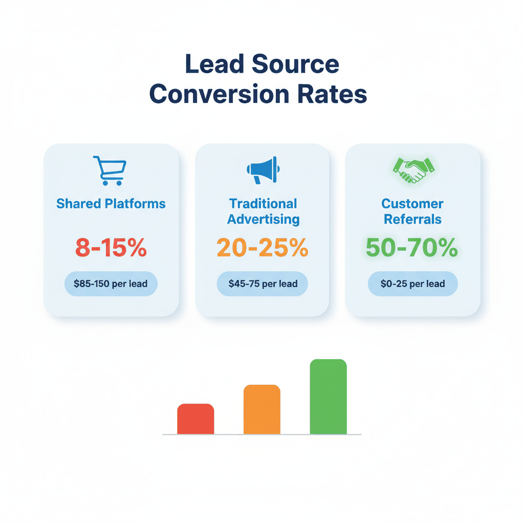 Conversion rate comparison showing referrals convert at 50-70% vs shared platforms at 8-15% - flooring contractor lead generation