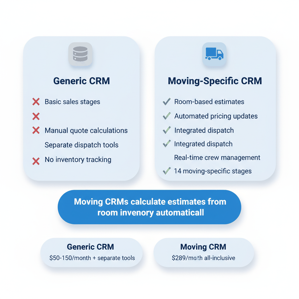 Moving company CRM features comparison chart showing specialized vs generic CRM capabilities and costs