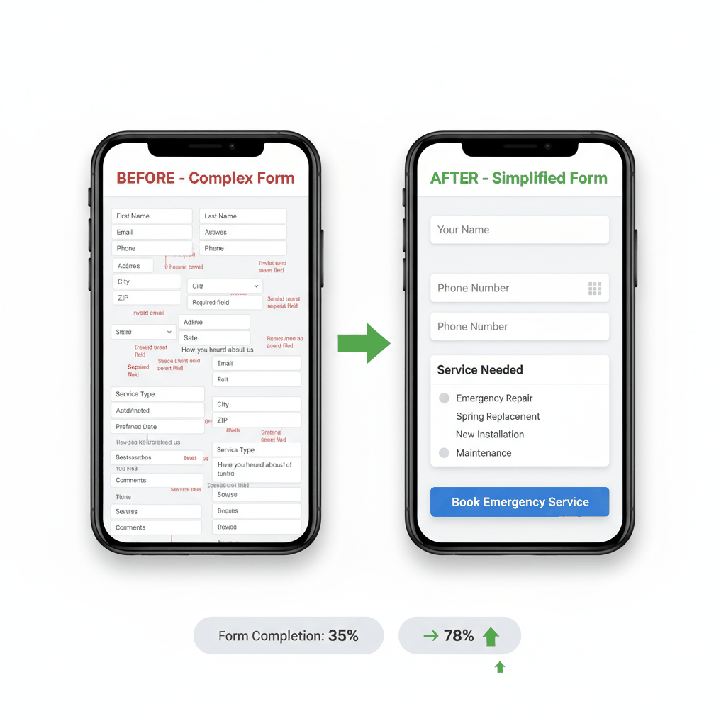 Before and after mobile booking form optimization showing simplified design increases completion rates by 78% for garage door services