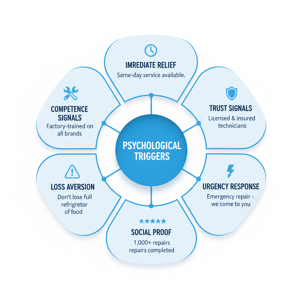 Psychological triggers wheel showing six key conversion drivers for appliance repair advertising - psychological triggers appliance repair