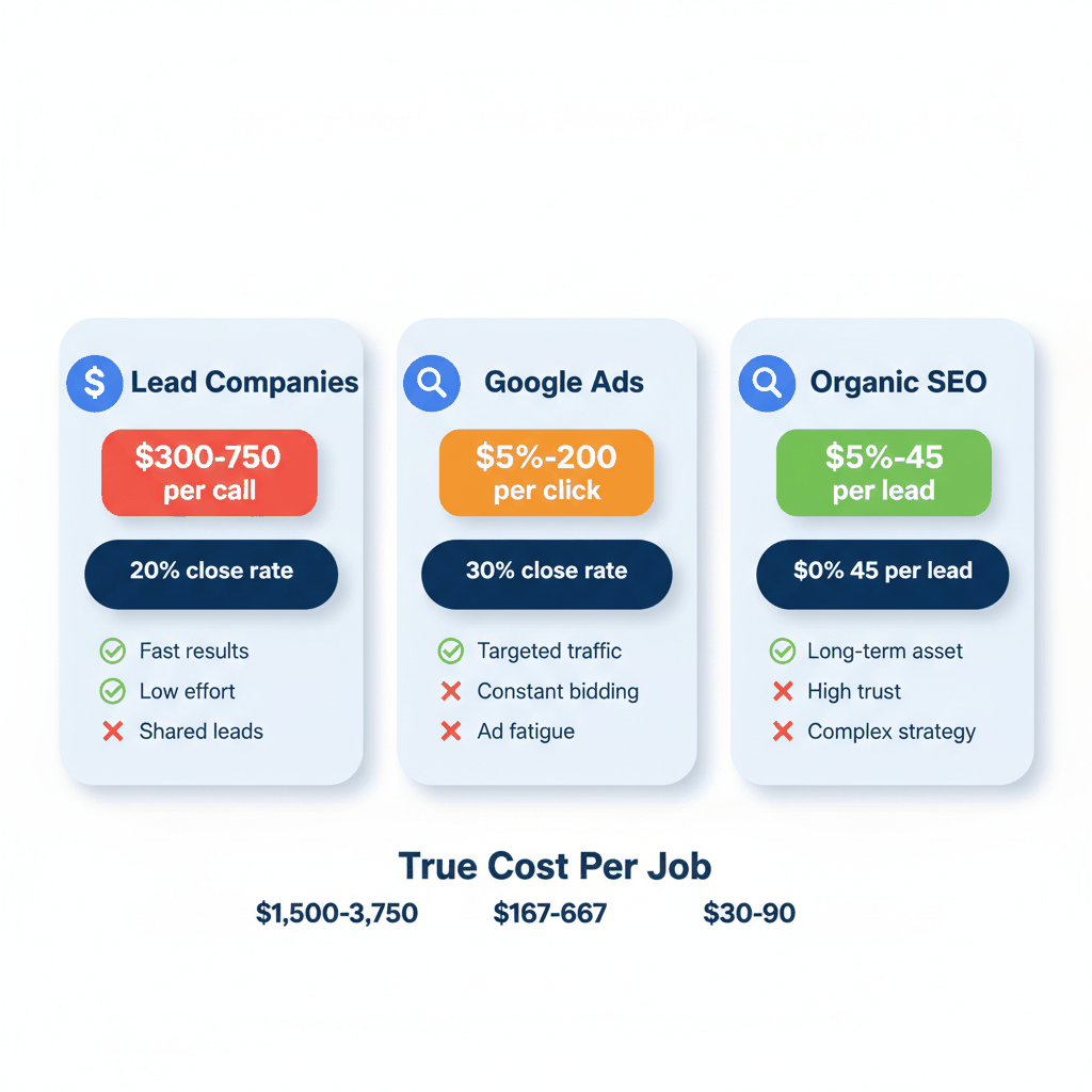 Water damage restoration lead generation cost comparison showing lead companies vs Google Ads vs SEO pricing and conversion rates