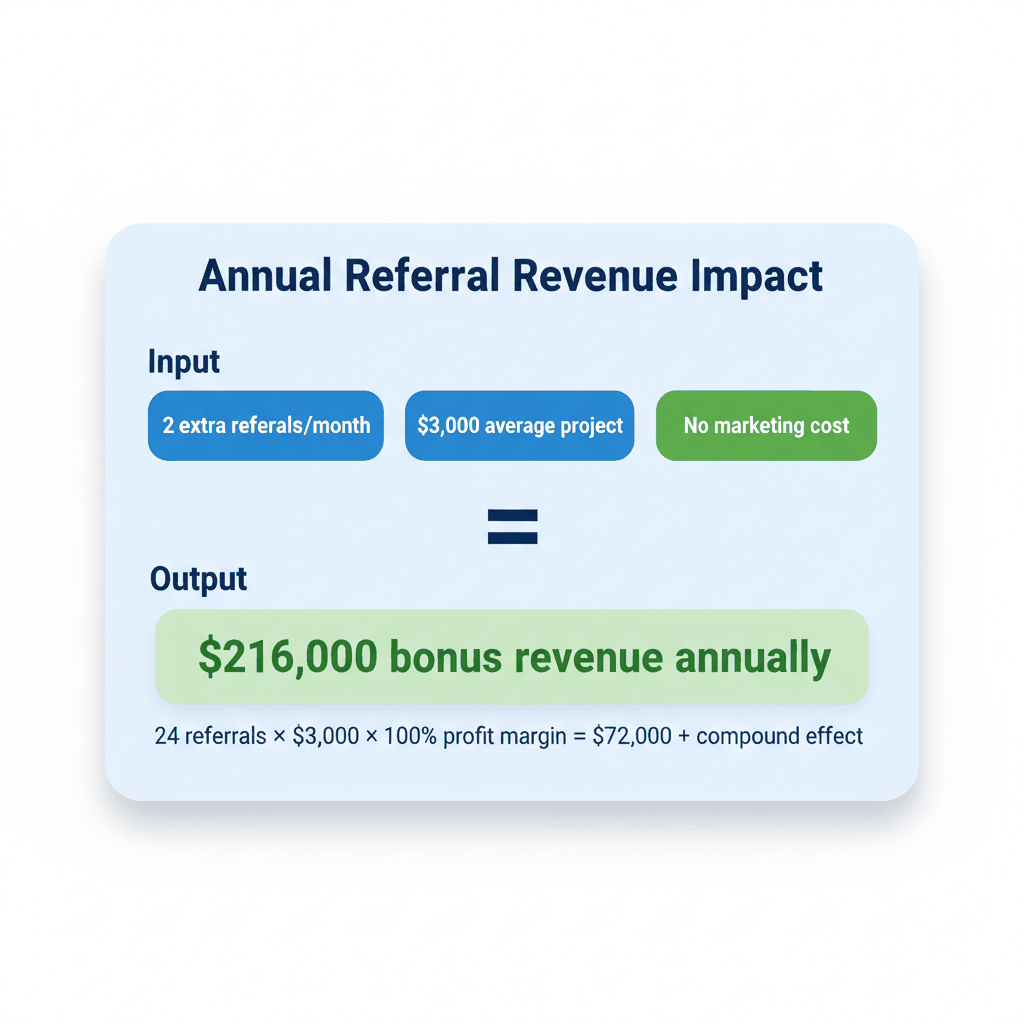 Revenue calculator showing 2 extra referrals monthly generates $216,000 annual bonus revenue - flooring contractor referral ROI