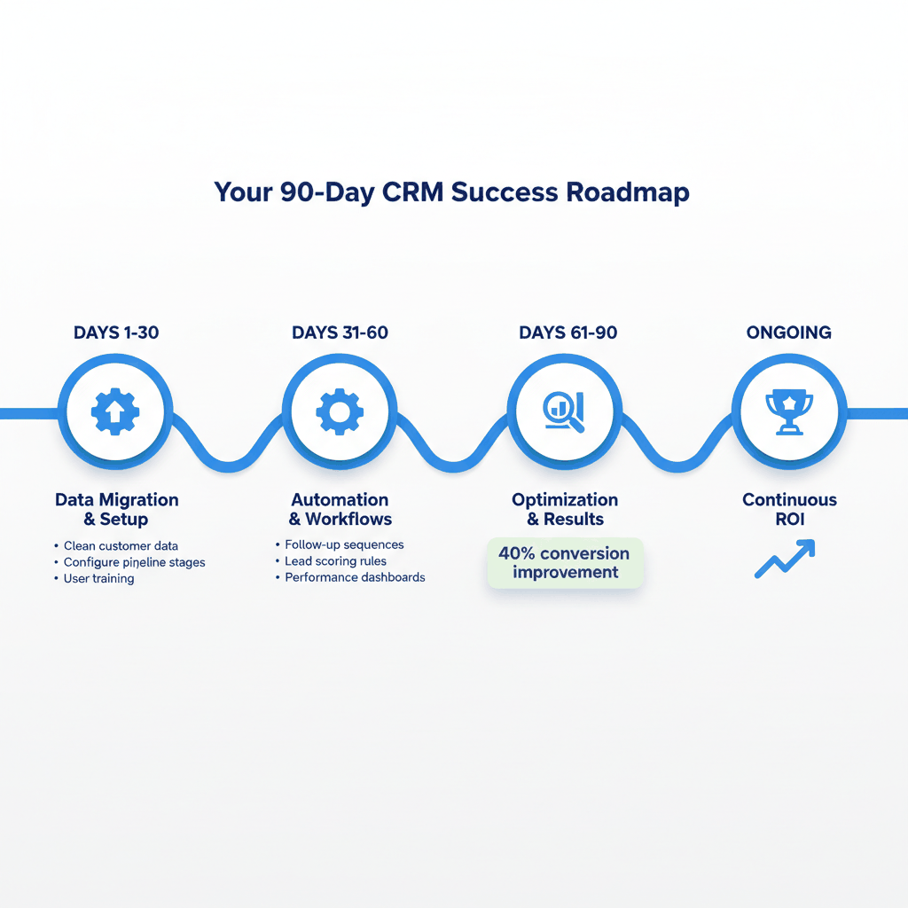 90-day moving company CRM implementation timeline showing setup, automation, and optimization phases
