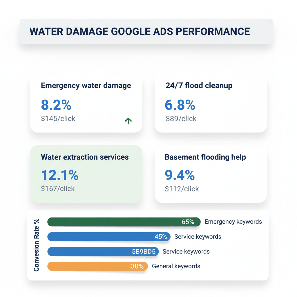 Google Ads dashboard showing emergency water damage keyword performance, click costs, and conversion rates for restoration companies